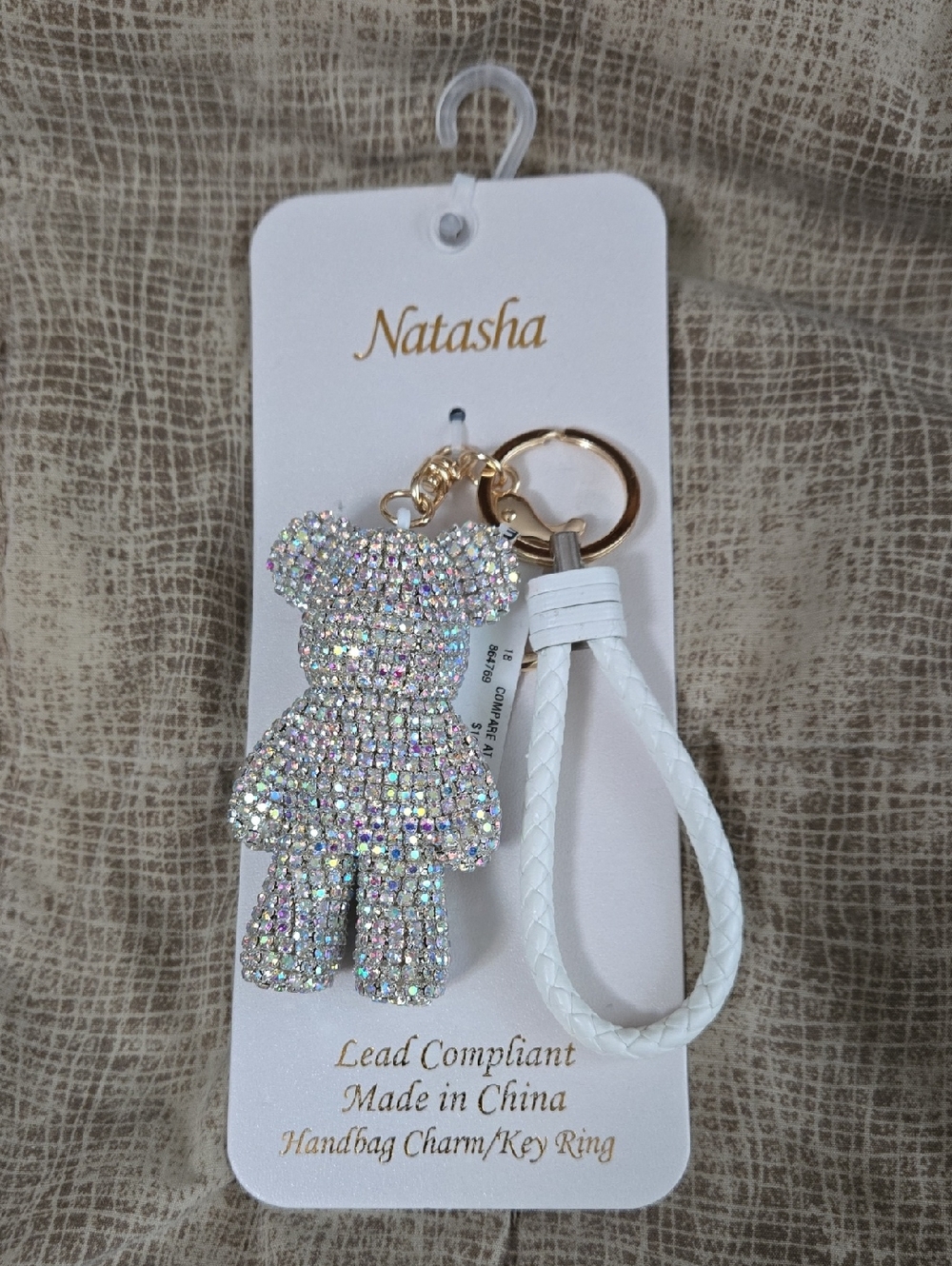 Natasha Couture Crystal Bear Keychain with White Braided Strap